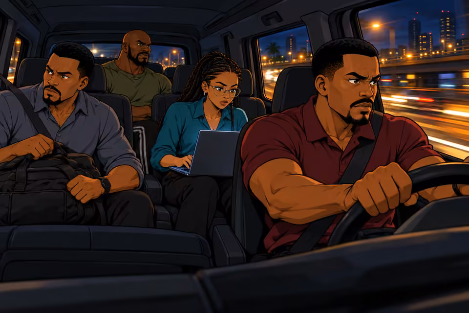 Tunde speeds away as Amina returns to her laptop.