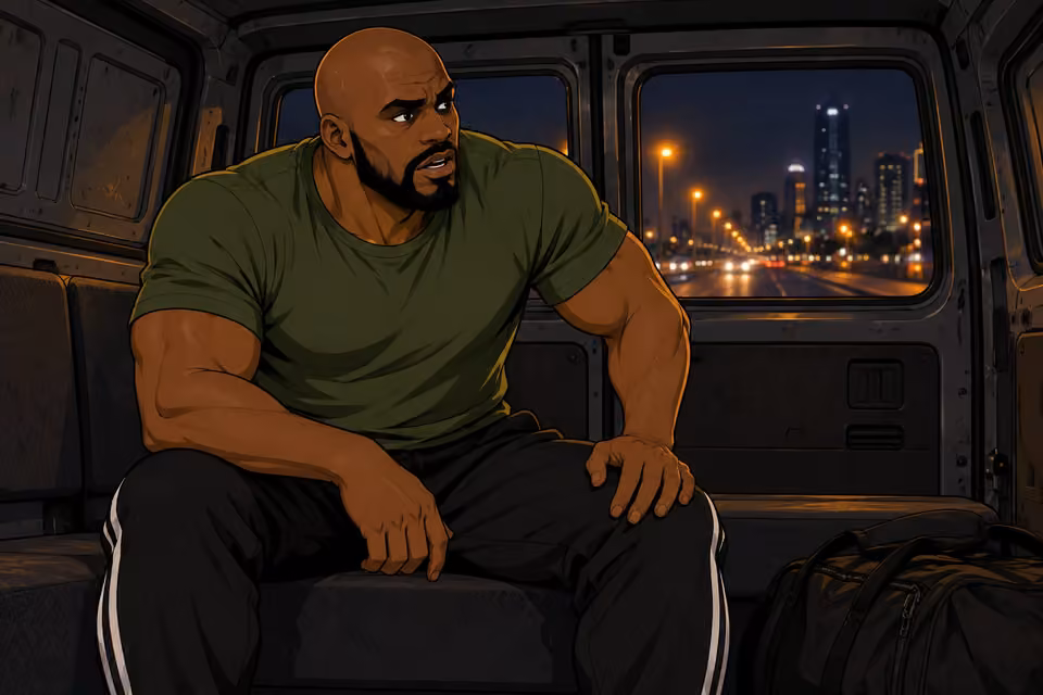 Musa catches his breath in the getaway van.