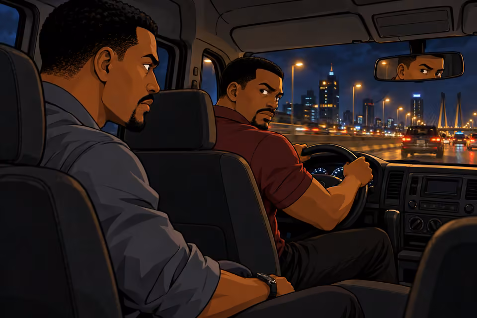 Tunde and Kunle exchange a tense look in the mirror.
