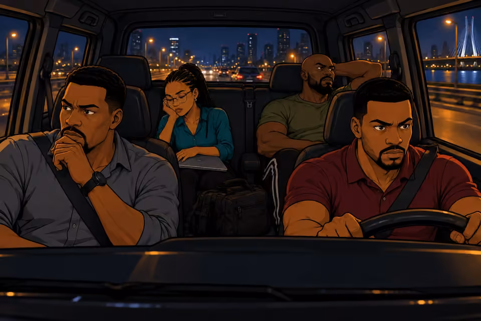 The team rides through Lagos in exhausted silence.