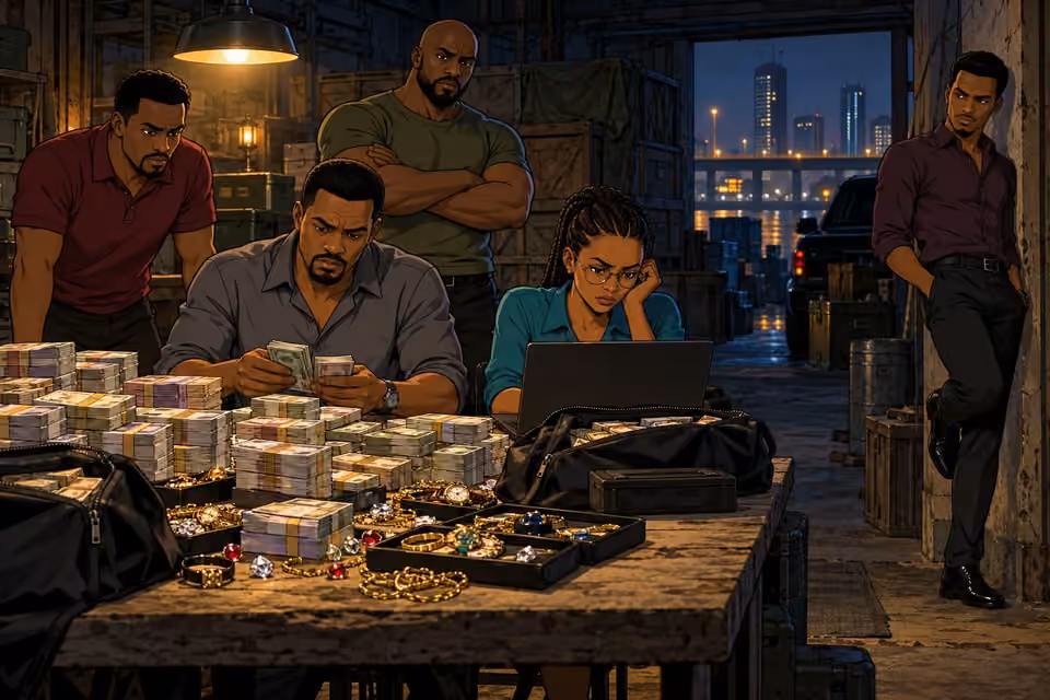 The team counts its loot while Femi watches from the wall.