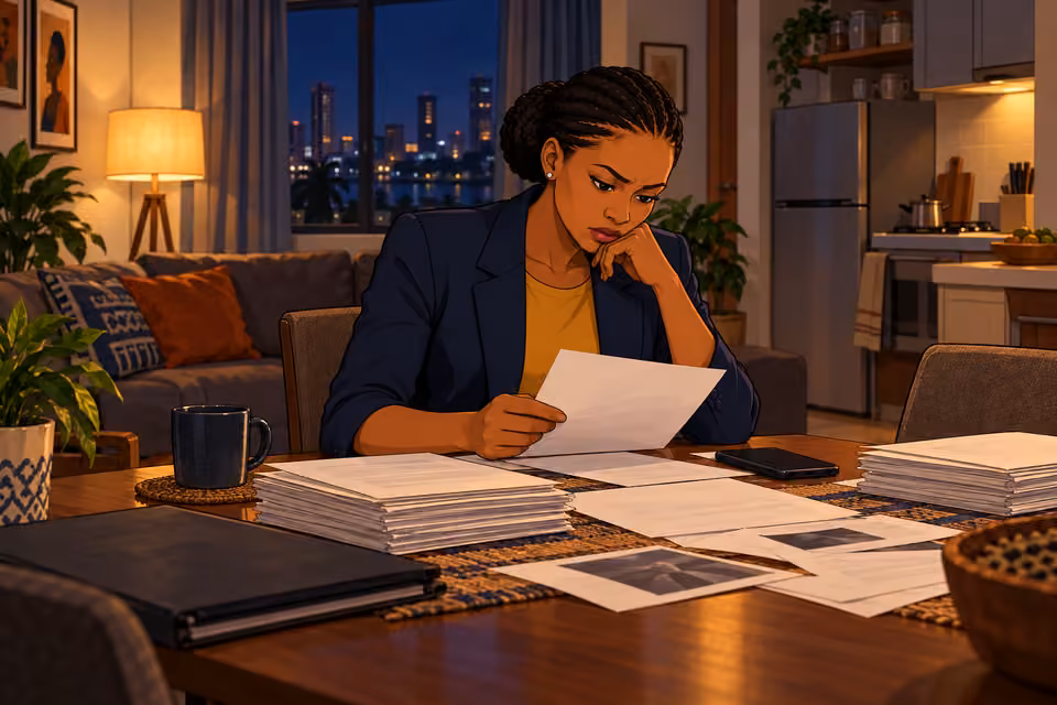 Ada reviews the information in her apartment.