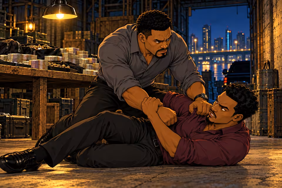 Kunle tackles Femi during the struggle.