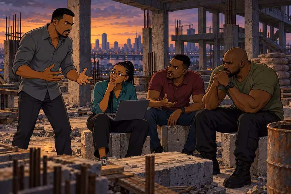 Kunle's team regroups at an abandoned construction site.
