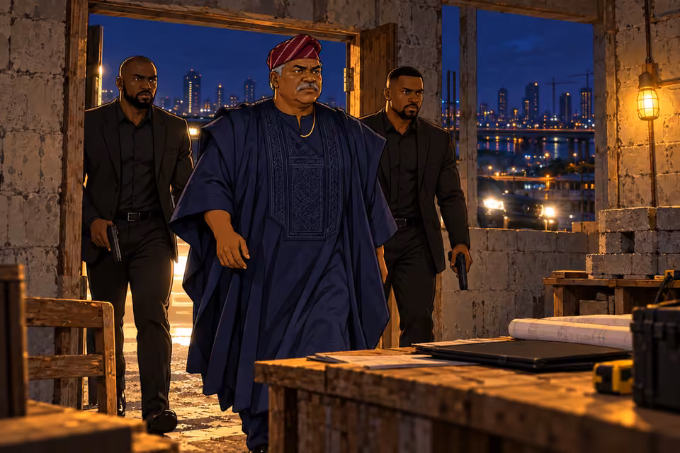 Chief Olumide arrives with armed men.