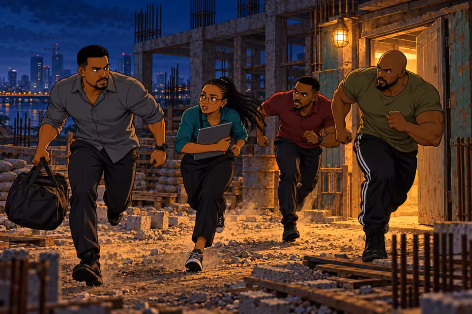 The team escapes the construction site.