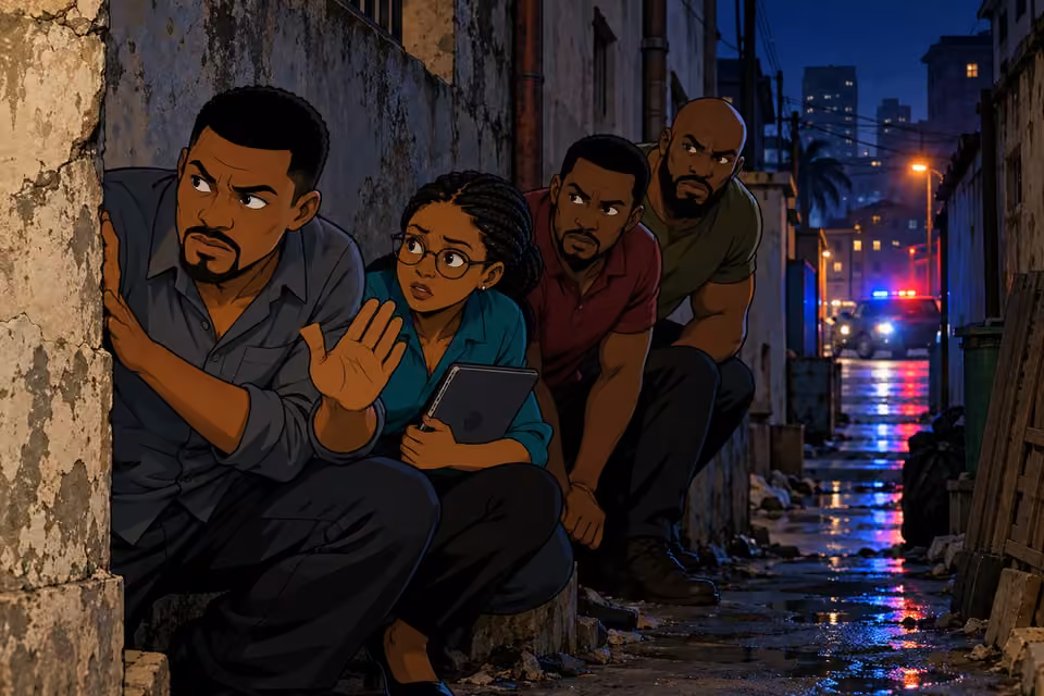 The team takes temporary shelter in a narrow Lagos alley.