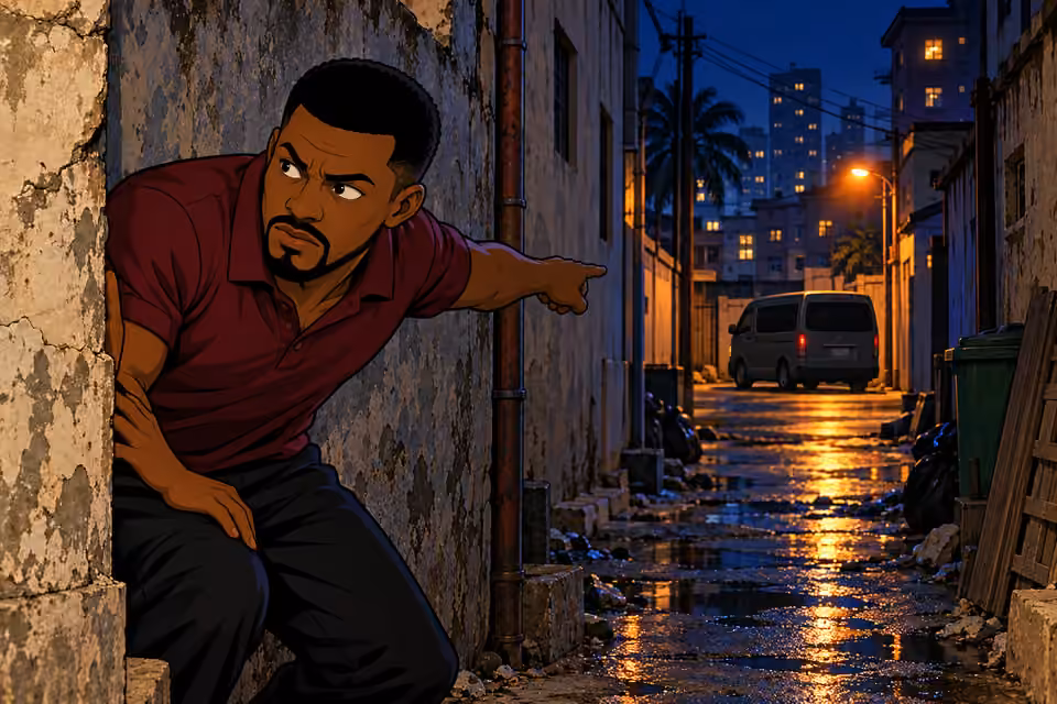 Tunde spots the van a block away.
