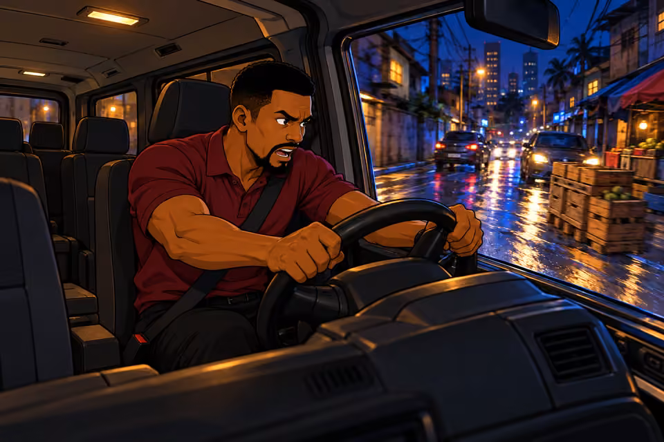 Tunde accelerates the van through narrow streets.