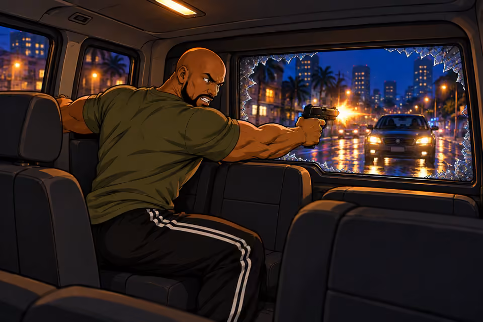 Musa fires back through the shattered rear window.