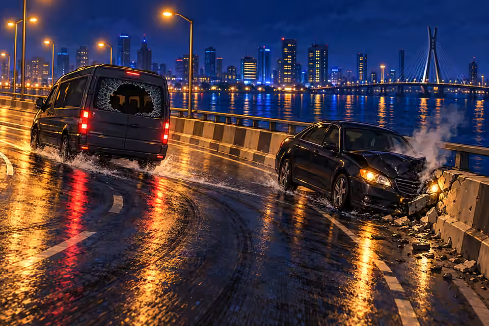 The pursuing vehicle crashes against the bridge barrier.