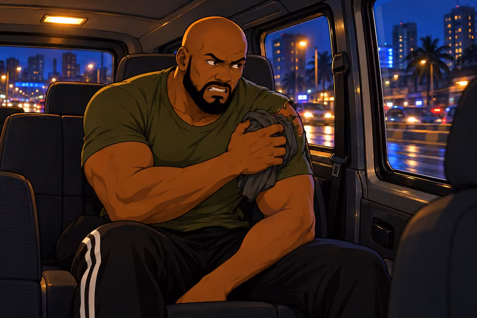 Musa grips his wounded shoulder through the pain.