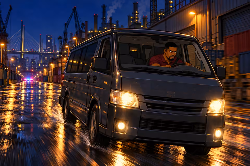 Tunde drives into the industrial district.
