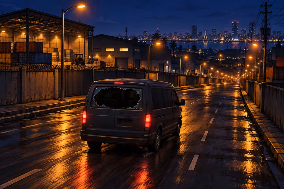 The van carries the team onward through Lagos.