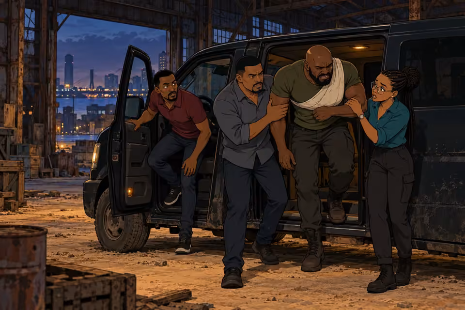The team helps the wounded Musa out of the van at the warehouse.
