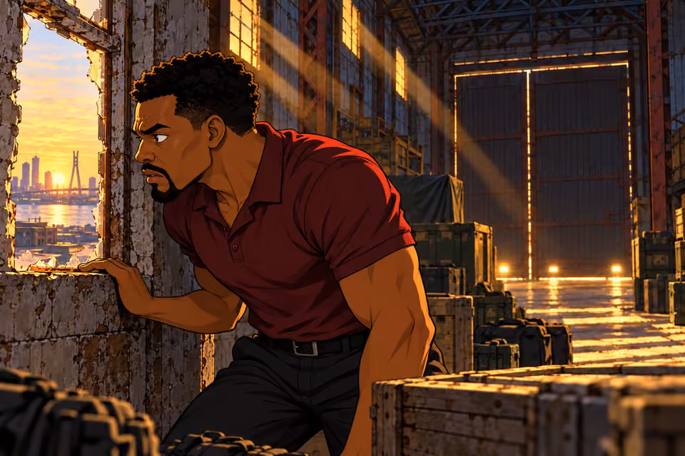 Tunde spots Olumide through the window.