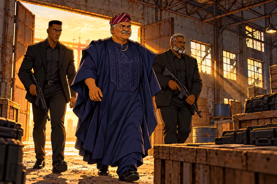 Olumide enters with armed guards.