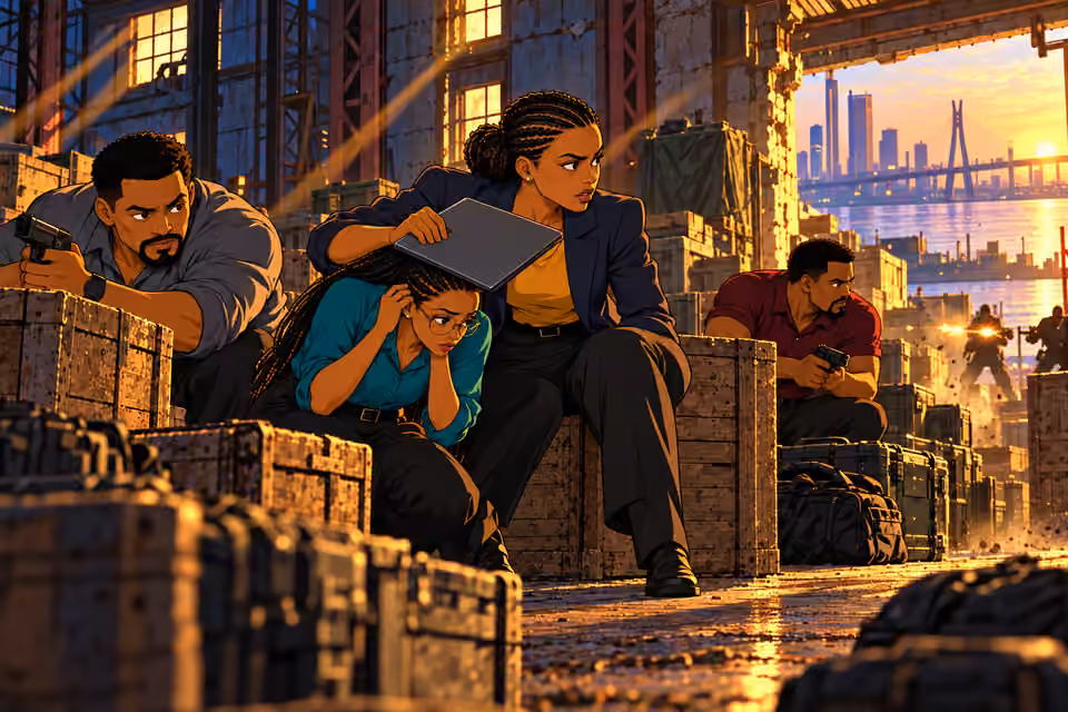 The team takes cover as fighting erupts.