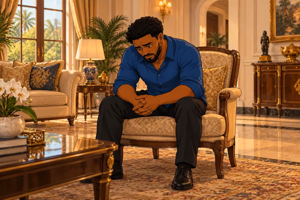 Shina sits alone with his head lowered and hands clasped in an elegant family sitting room.