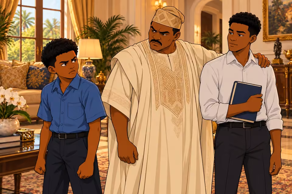 Young Shina stands under his father’s critical gaze while Jude receives approval.