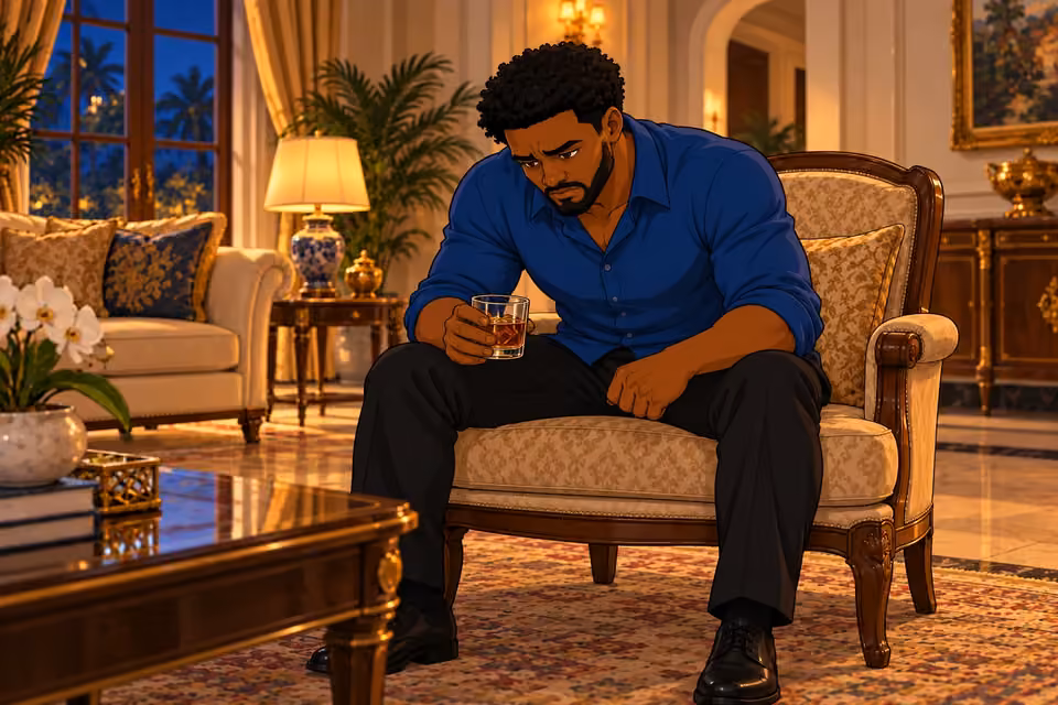 Shina sits alone with a drink, weighed down by anger and inadequacy.