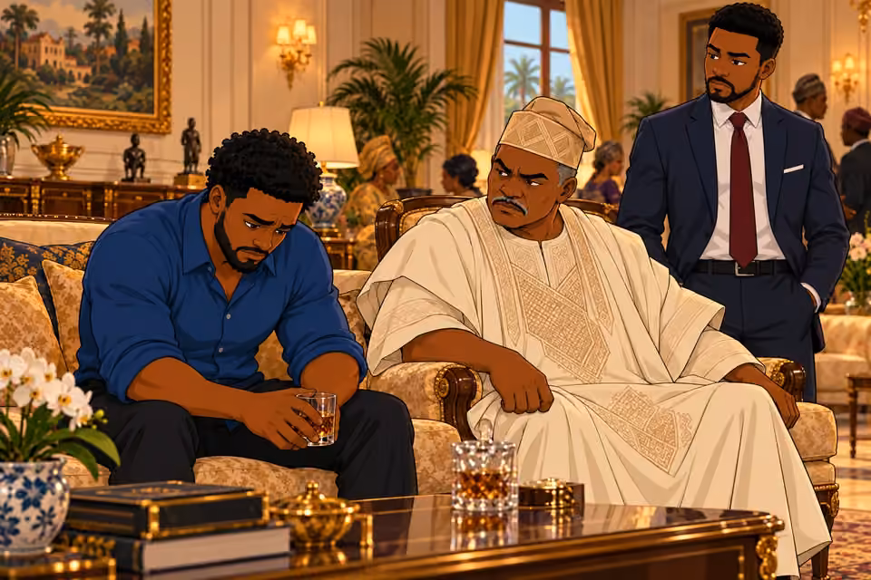 At a family gathering, Shina sits under his father’s disapproving gaze while Jude stands composed.