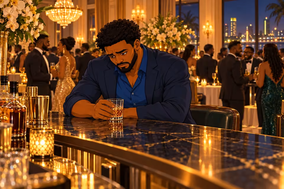 Shina withdraws to the open bar at the Geodis Gala.