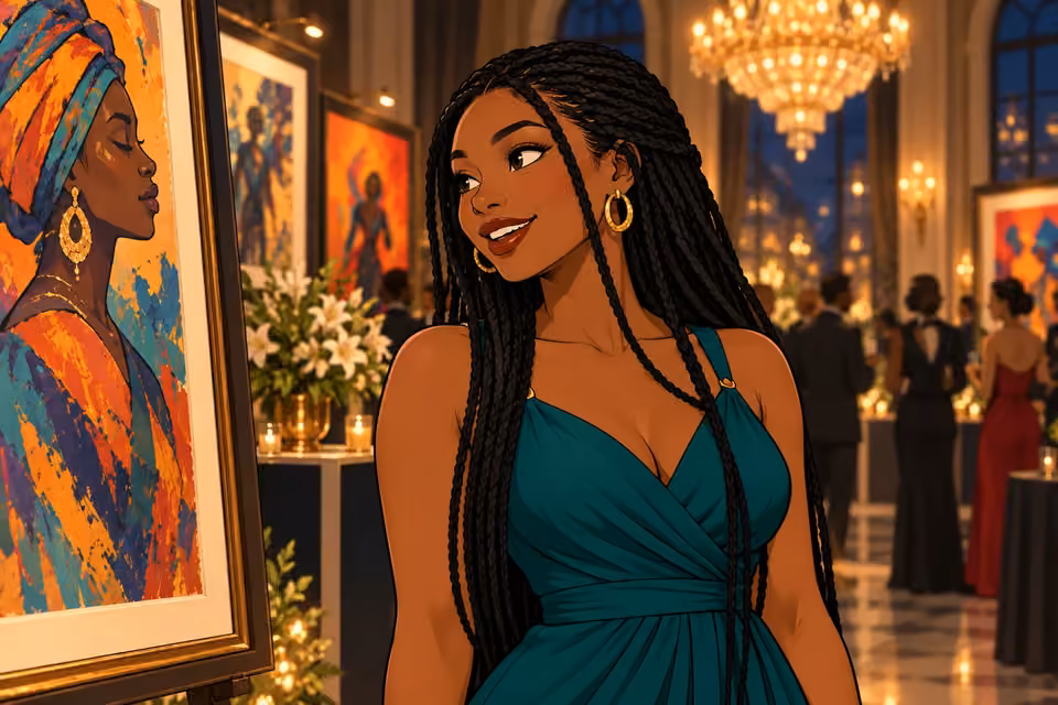 Amara stands confidently beside the artwork at the gala.