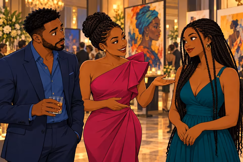 Titi introduces Amara as the gala’s featured artist while Shina listens.