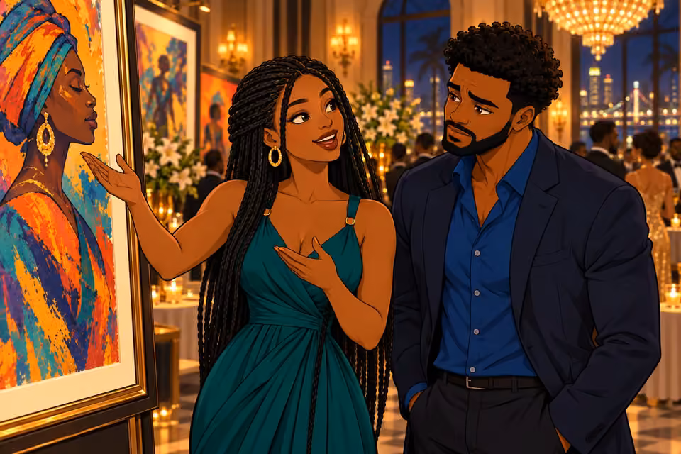 Amara speaks about her work while Shina listens with growing admiration.
