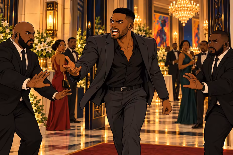 Leke storms into the gala as security moves toward him.