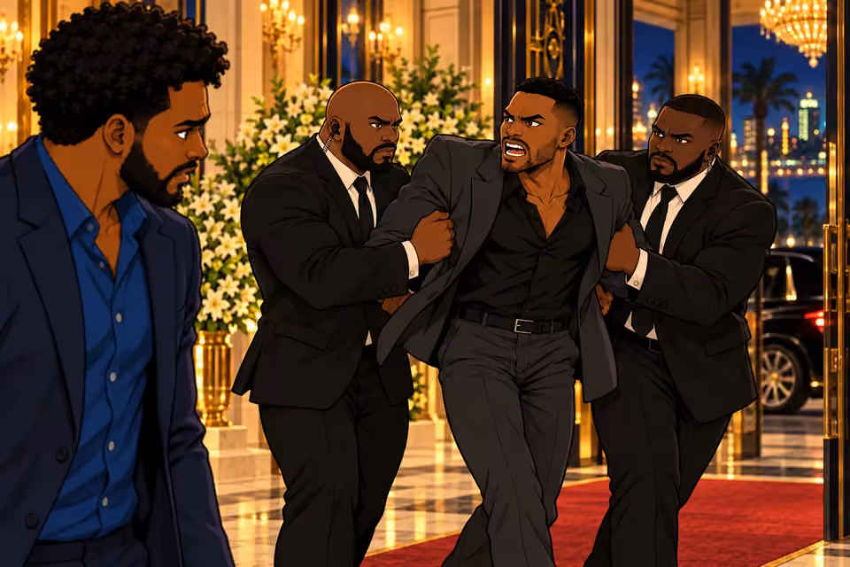 Security escorts Leke out while Shina watches, shaken.