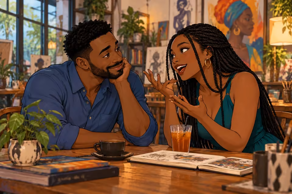 Cartoon illustration of Shina listening warmly as Amara speaks animatedly in a cafe filled with art.