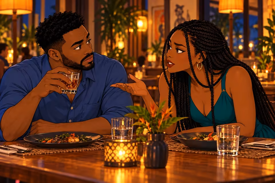 Amara questions why Shina clings so tightly to his drink.