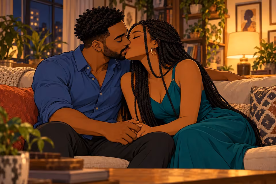 Shina and Amara share a tender kiss in the quiet of home.