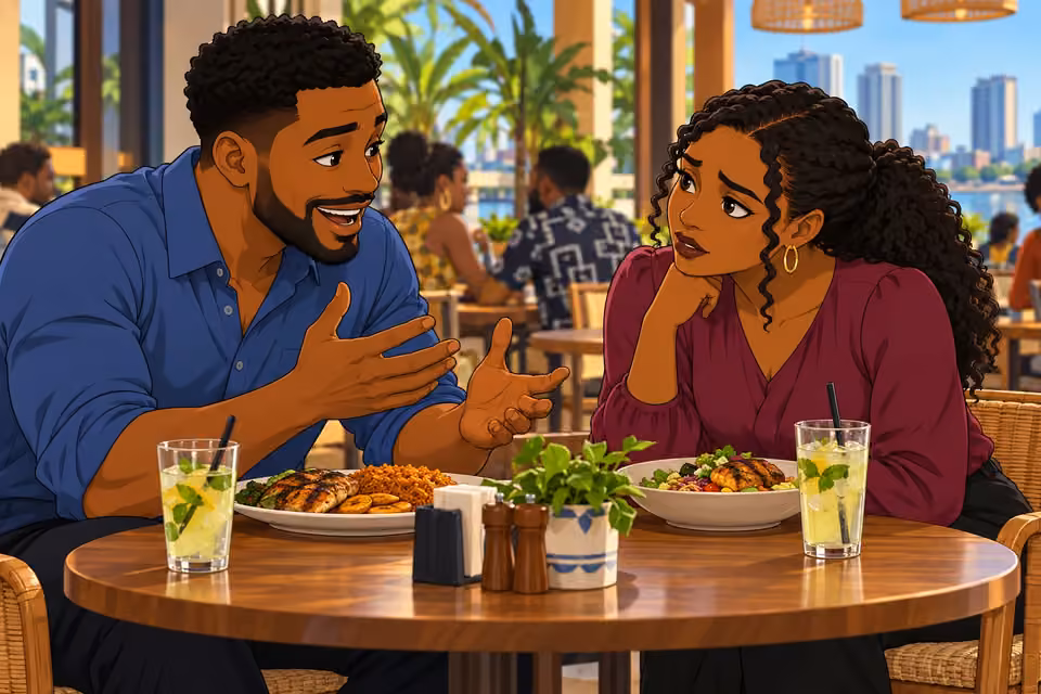Halima listens as Shina talks excitedly about Amara over lunch.