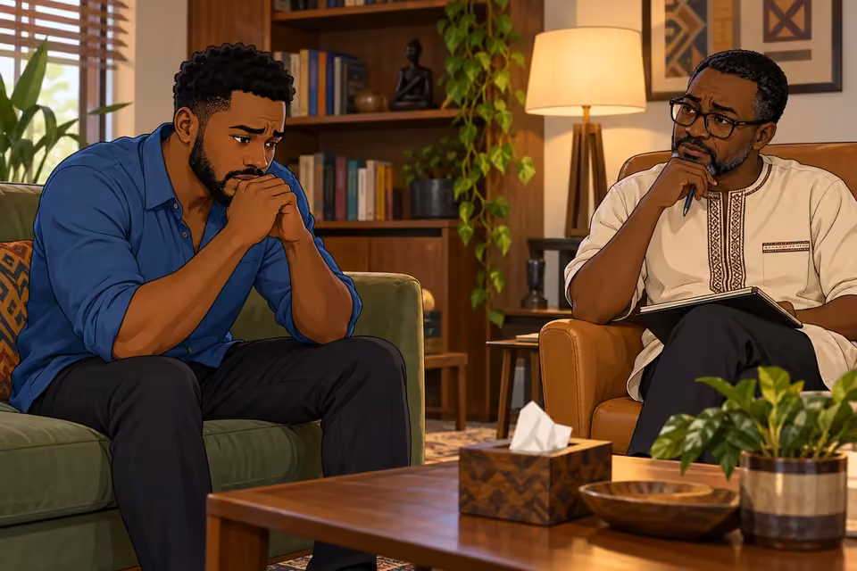 Cartoon illustration of Shina discussing painful memories with a therapist in a calm consultation room.