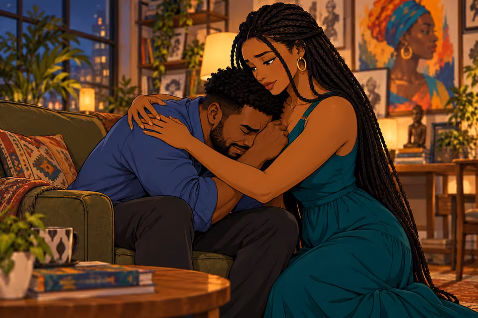 Overwhelmed, Shina finally lets Amara hold him.