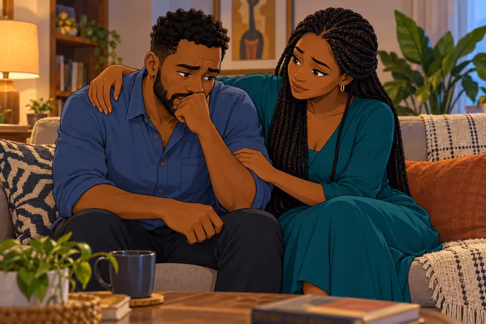 Cartoon illustration of Amara placing an arm around Shina and comforting him after a distressing episode.