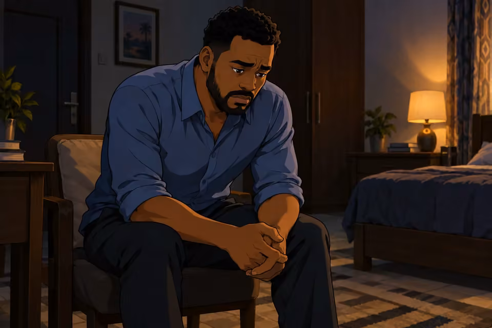 Cartoon illustration of Shina sitting alone in a dim bedroom, hands clasped and face full of remorse.