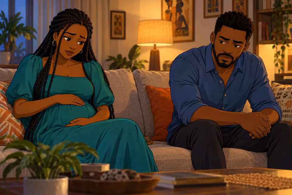 Cartoon illustration of Shina and Amara sitting apart on a sofa with conflicted expressions as she rests a hand on her belly.