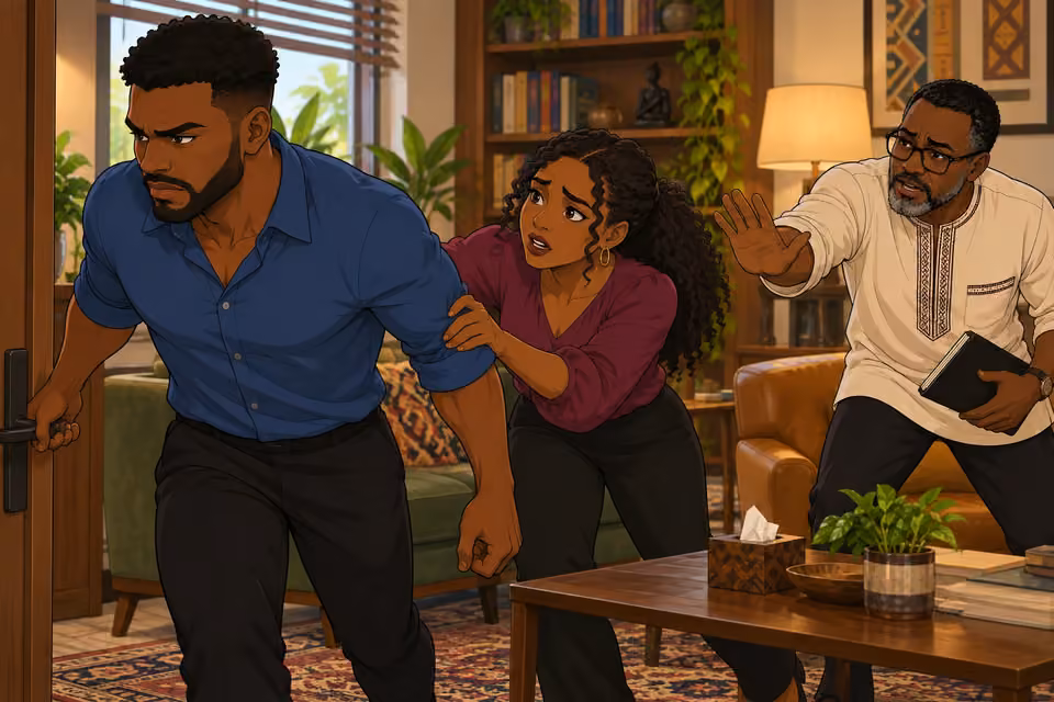 Shina leaves the therapy room in panic despite attempts to stop him.