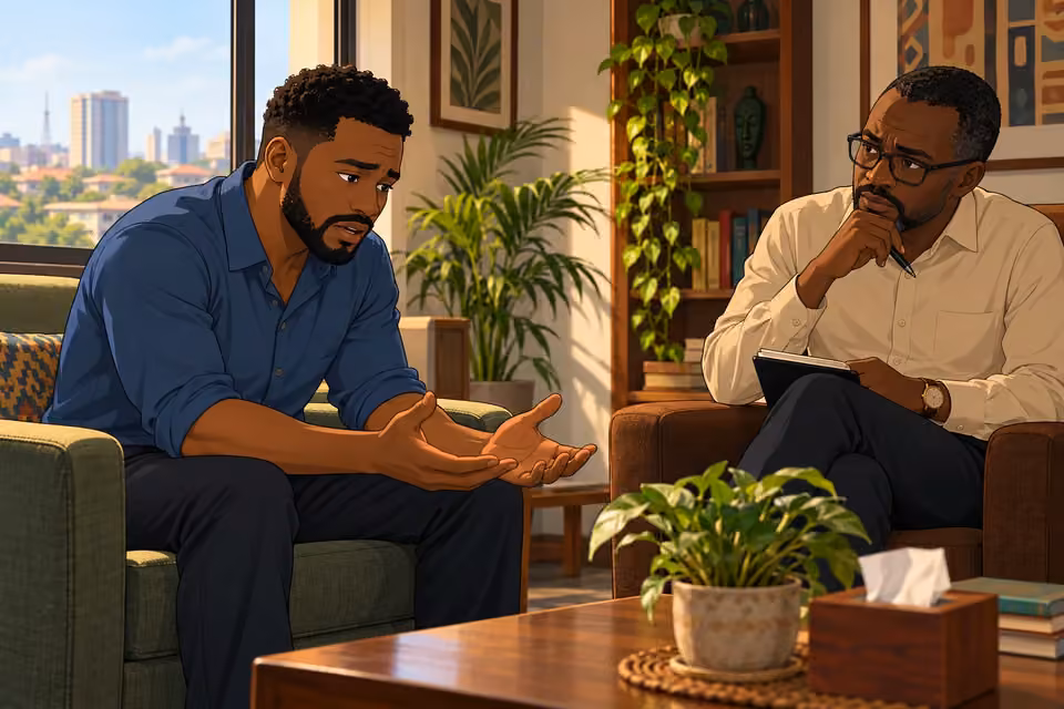 Cartoon illustration of Shina explaining his feelings to a listening therapist in a bright consultation room.