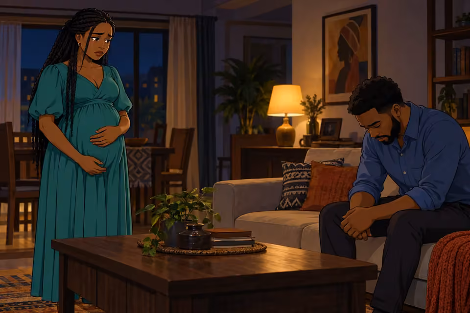 Cartoon illustration of pregnant Amara standing with a hand on her belly while a remorseful Shina sits with his head bowed across the room.