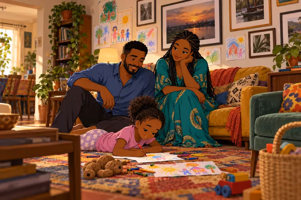 Cartoon illustration of Shina and Amara watching their child draw in a colorful family living room decorated with artwork and photographs.
