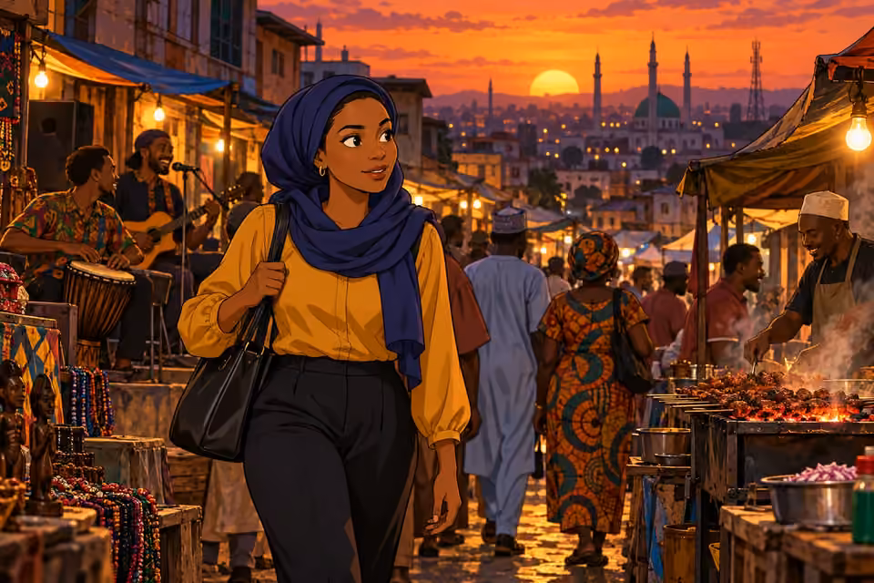 Cartoon illustration of journalist Fatima Bello walking through Kaduna’s bustling old town at sunset, past musicians and a suya stall.