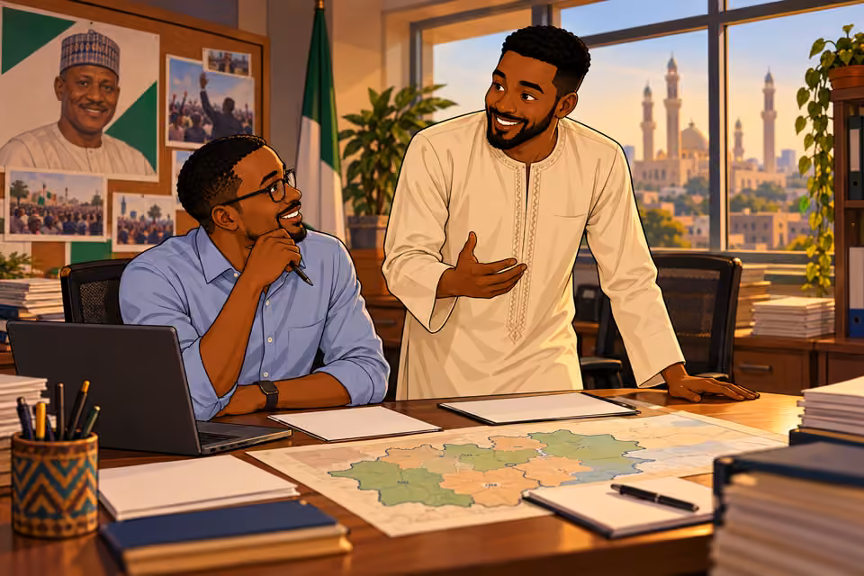 Ibrahim works confidently in a Kaduna campaign office.