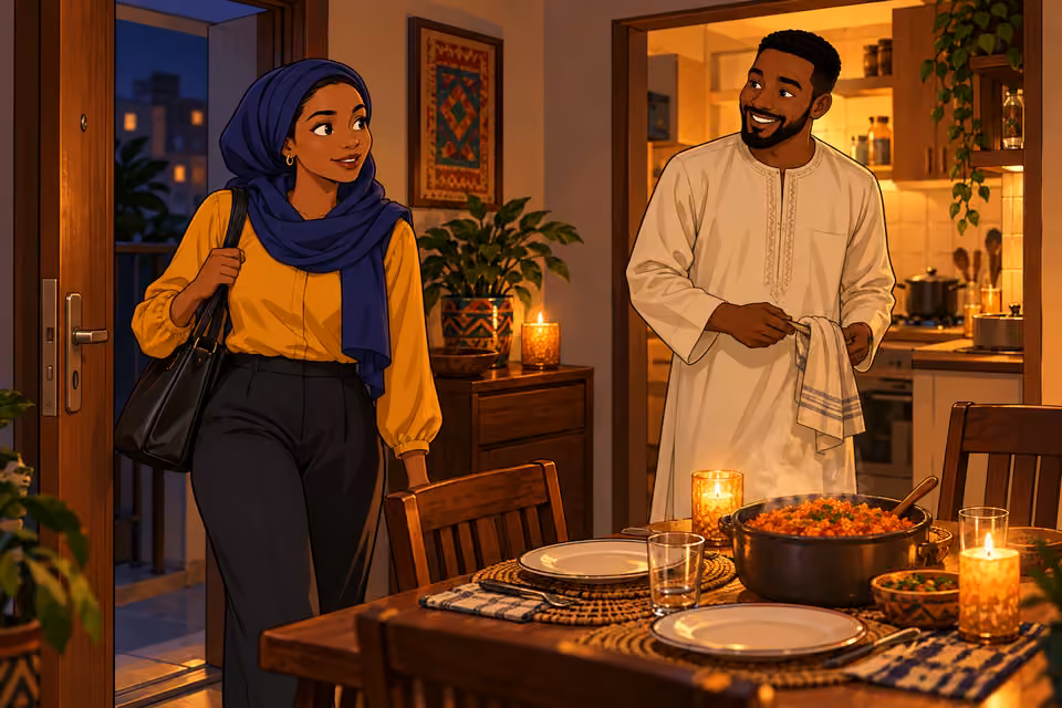 Ibrahim welcomes Fatima home to a candlelit dinner.