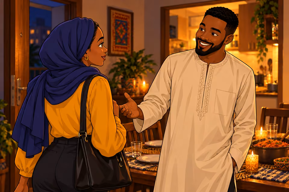 Ibrahim greets Fatima warmly at the door.