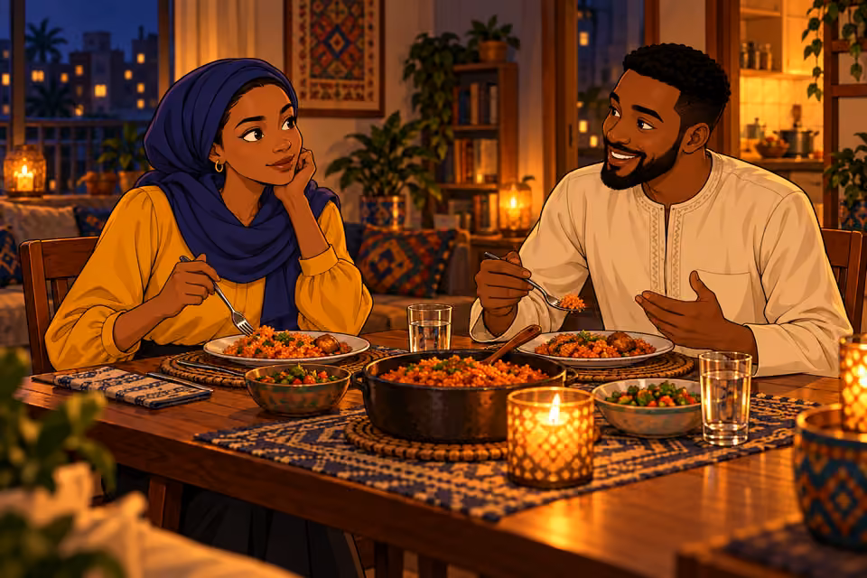 Fatima and Ibrahim share dinner and discuss their future.